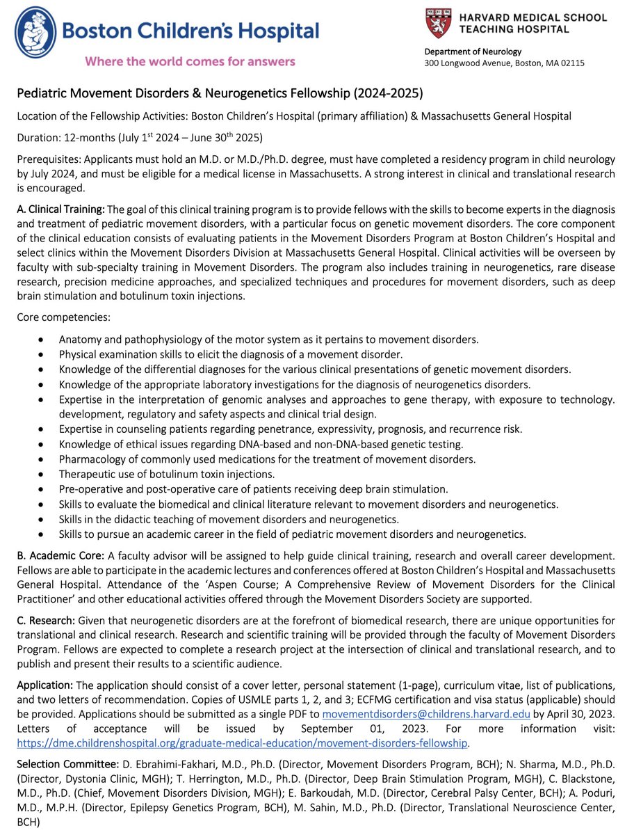 Darius Ebrahimi-Fakhari (@dariusfakhari) on Twitter photo Now open for applications: Pediatric Movement Disorders & Neurogenetics Fellowship 2024-2025 <a href="/BostonChildrens/">Boston Children's</a> <a href="/harvardmed/">Harvard Medical School</a>. Please see 👇🏽. Apply by April 30th. <a href="/ChildNeuroSoc/">Child Neurology Society</a> <a href="/AANmember/">American Academy of Neurology</a> <a href="/TheNewANA1/">American Neurological Association</a> <a href="/movedisorder/">MDS</a> <a href="/Child_Neurology/">Child Neurology Foundation</a> <a href="/EPNSnews/">EPNS</a>
<a href="/icnapedia/">ICNApedia</a> <a href="/flicna/">FLICNA</a> Now open for applications: Pediatric Movement Disorders & Neurogenetics Fellowship 2024-2025 <a href="/BostonChildrens/">Boston Children's</a> <a href="/harvardmed/">Harvard Medical School</a>. Please see 👇🏽. Apply by April 30th. <a href="/ChildNeuroSoc/">Child Neurology Society</a> <a href="/AANmember/">American Academy of Neurology</a> <a href="/TheNewANA1/">American Neurological Association</a> <a href="/movedisorder/">MDS</a> <a href="/Child_Neurology/">Child Neurology Foundation</a> <a href="/EPNSnews/">EPNS</a>
<a href="/icnapedia/">ICNApedia</a> <a href="/flicna/">FLICNA</a>