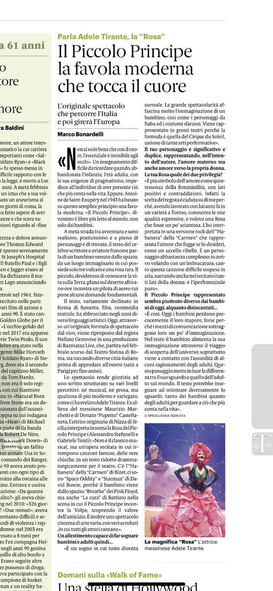 Una mia intervista all’attrice nizzarda Adele Tirante, interprete della Rosa nello spettacolo ”Il Piccolo Principe”, in tour fino ad aprile. (@GazzettaDelSud di oggi)