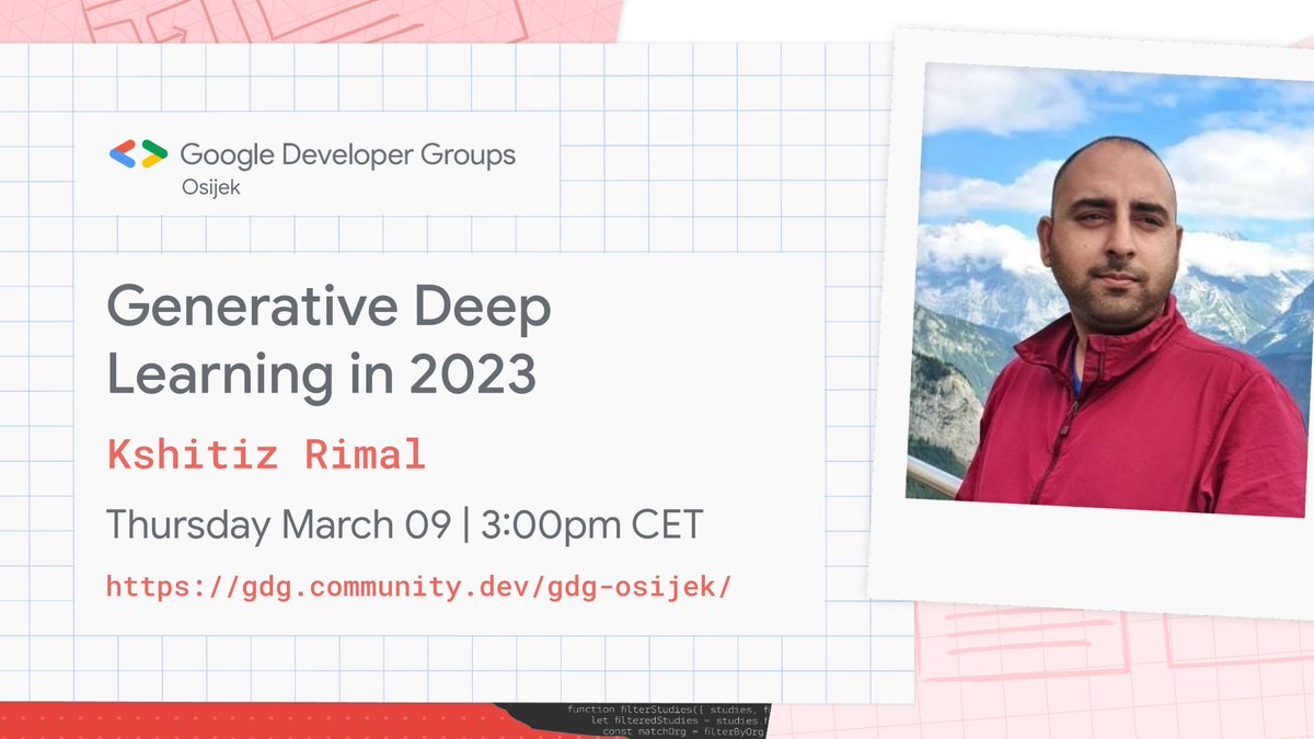 🚀 SPEAKER ANNOUNCEMENT 🚀

Our next speaker at the "Exciting AI" event will be Kshitiz R. with the topic "Generative Deep Learning in 2023".

💻 RSVP at gdg.community.dev/events/details…

😃 You will be able to join us here:
youtube.com/live/2RbTIcv3C…

#gdgosijek #AI #artificialintelligence