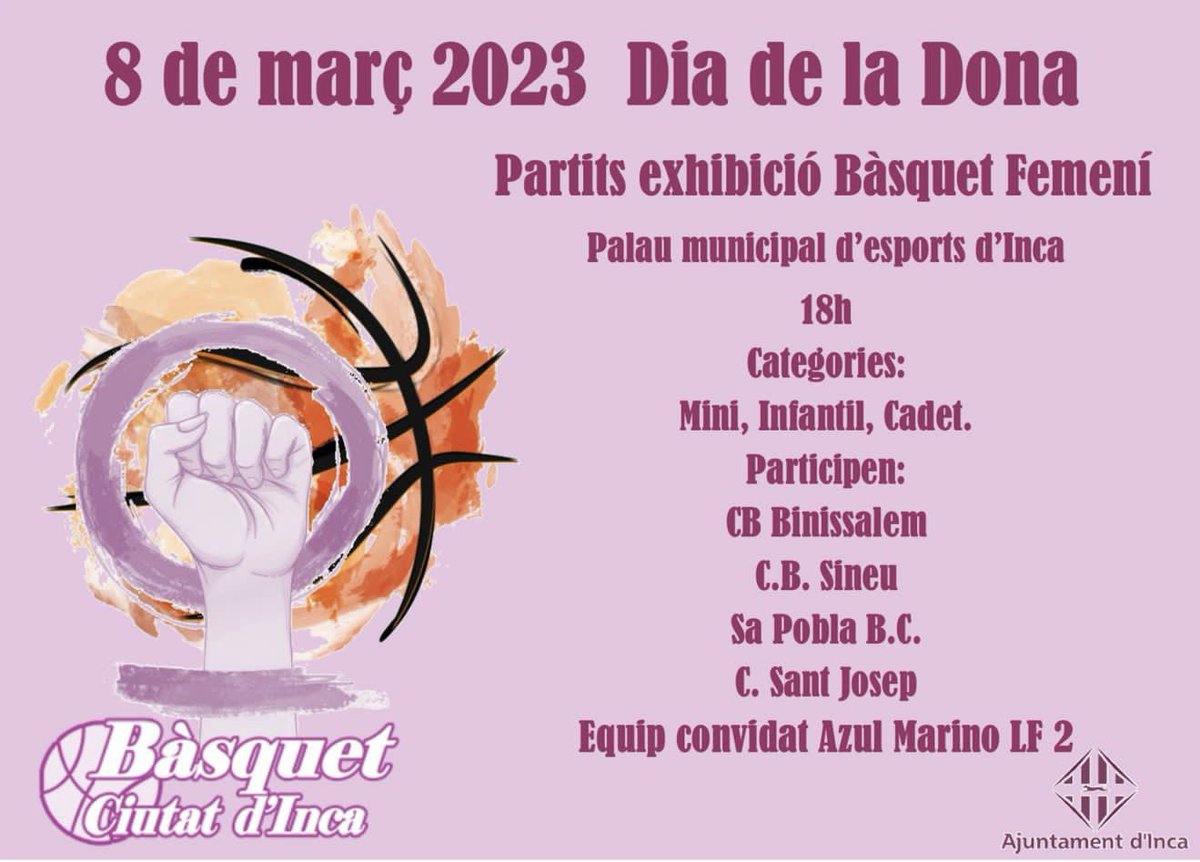 ciutatdinca's tweet photo. Vine aquest dimecres a partir de les 18h al Palau a veure bon bàsquet 😍

Comptarem amb la presència d’equips de @cbbinissalem @basquetsineu @sapoblabasquet @santjosepuadis 

A més a més, vendran a visitar-nos l’equip @CBSantJosepLF2 màxim referent balear.

#123ciutatdinca https://t.co/PedodTNyF8