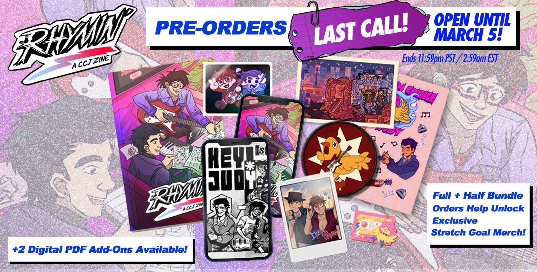 💥LAST DAY FOR PRE-ORDERS💥
Pre-Orders for Rhymin', an Infinity Train (Book 4) charity zine, end TODAY! Place your full and half-bundle orders to avail of ALL stretch goals!

Store closes March 5 at 11:59pm PST/March 6 at 2:59am EST!

🎸✨SHOP NOW @ rhyminzine.bigcartel.com 🎹✨