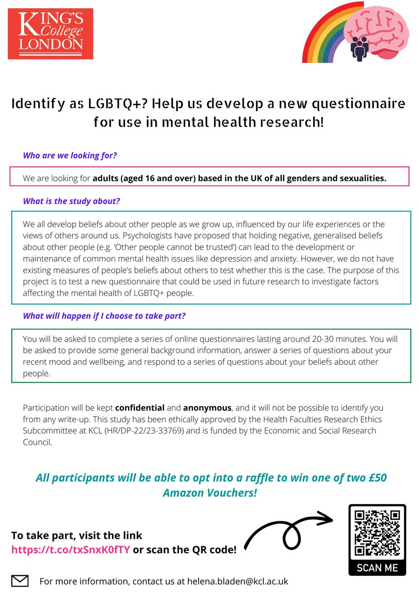 #callforparticipants from the #LGBTQ+ community to help us develop a new questionnaire that will be used to investigate factors affecting #mentalhealth 🧠 Please share and RT!  Click here for info and to take part: qualtrics.kcl.ac.uk/jfe/form/SV_5c…