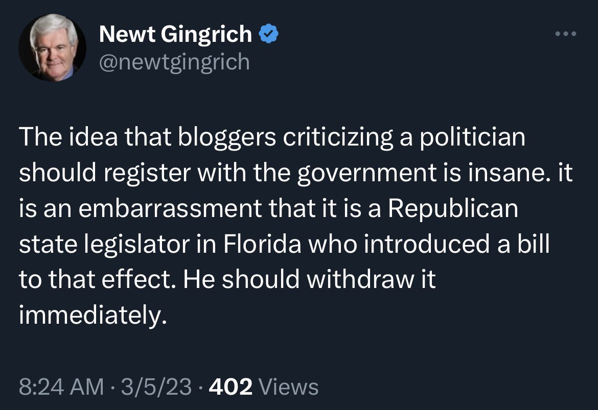 RonFilipkowski's tweet photo. Newt is shocked, just shocked that Republican Party is transforming into an authoritarian movement. https://t.co/H1JPrwjdlT