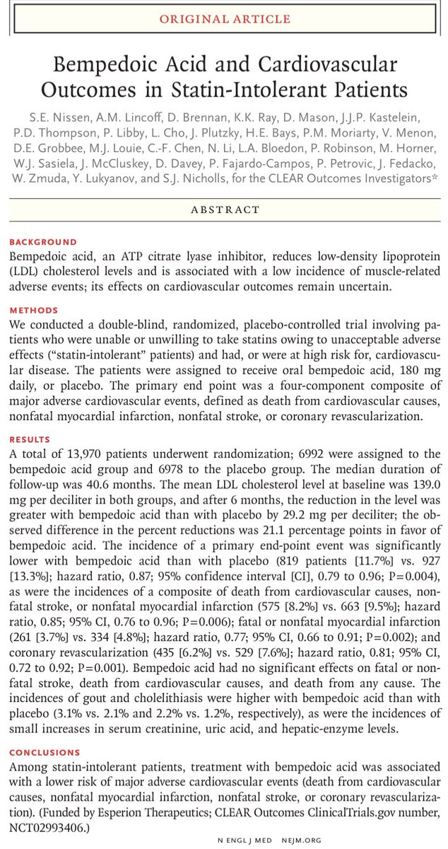 GiuseppeGalati_'s tweet photo. 👆👇1st wrap-up from #ACC2023 that can significantly impact clinical practice:
❤️‍🔥 #CLEAR_Outcome
#BempedoicAcid ⬇️ #MACE in statin-intolerant patients
🚫 However no effect on #CV_☠️ 
@RFE_Pedretti @stefanocarugo @DBelardoMD @HeartOTXHeartMD @BiykemB @KardiologieHH @PPirlamarla_MD https://t.co/sZyV35ZaV0