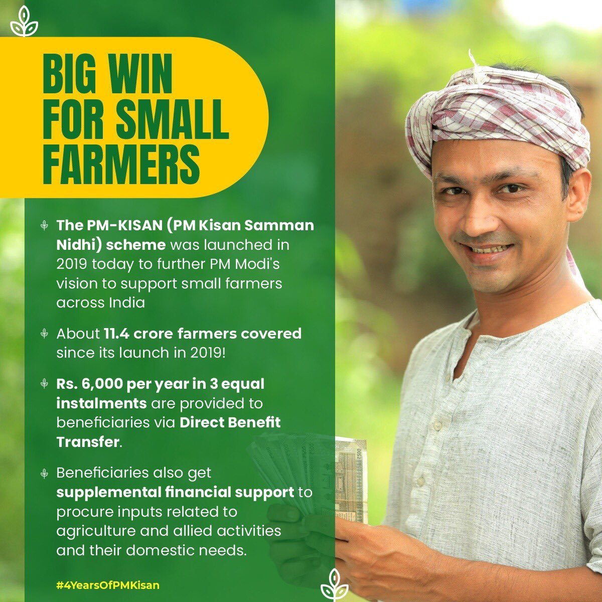 DevarshiJoshi17's tweet photo. PM-Kisan Yojana has led to transformative changes in the lives of small farmers. Through DBT, payments have been transferred seamlessly, reaching several small farmers!
Check out #4YearsOfPMKisan in the NaMo App to learn more.
https://t.co/c96sWgnqvq https://t.co/Ue2Mcv7Qqg