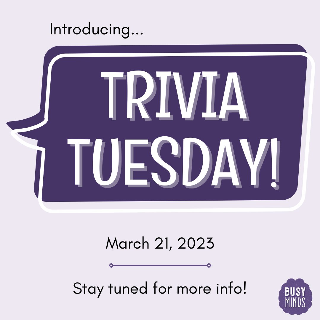 busymindsbox's tweet photo. We are so excited to announce our brand-new #Trivia #Tuesday event, happening March 21!
We'll have more info for you soon, but in the meantime, mark those calendars for this terrific Tuesday event.
#busymindsbox #designedforthemind #activitiesforseniors #alzheimers #dementia https://t.co/Zd9aKIgHBS