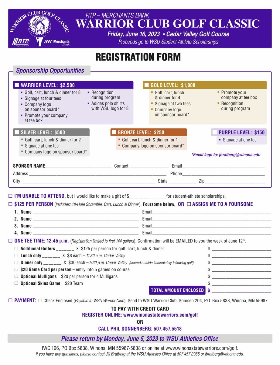 The Warrior Club Golf Classic is June 16th at Cedar Valley Golf Course! Get your foursome and come join the fun. Sign up details are on the form attached.  ⛳️