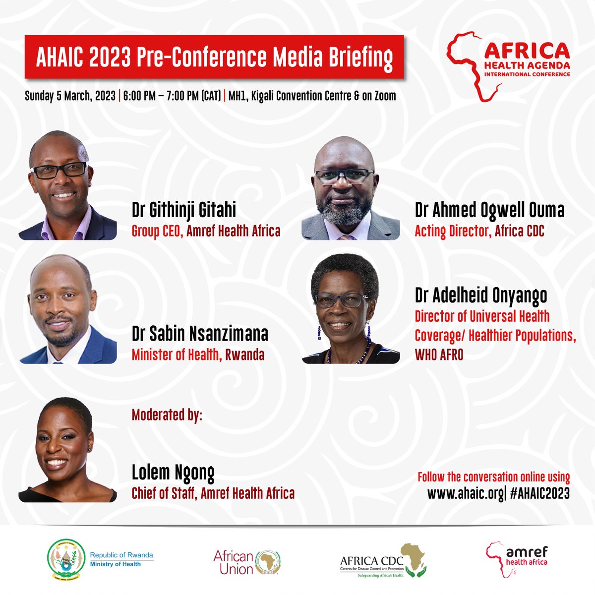 Amref_Worldwide's tweet photo. Are you a journalist attending #AHAIC2023? You are invited to attend a (hybrid) #AHAIC2023 Pre-Conference Media Briefing (IN-PERSON) at MH1 at the Kigali Convention Centre and via (ZOOM).

Register in advance to attend 👉 https://t.co/CsNHqSvHKz https://t.co/nlKXmJ3LpG