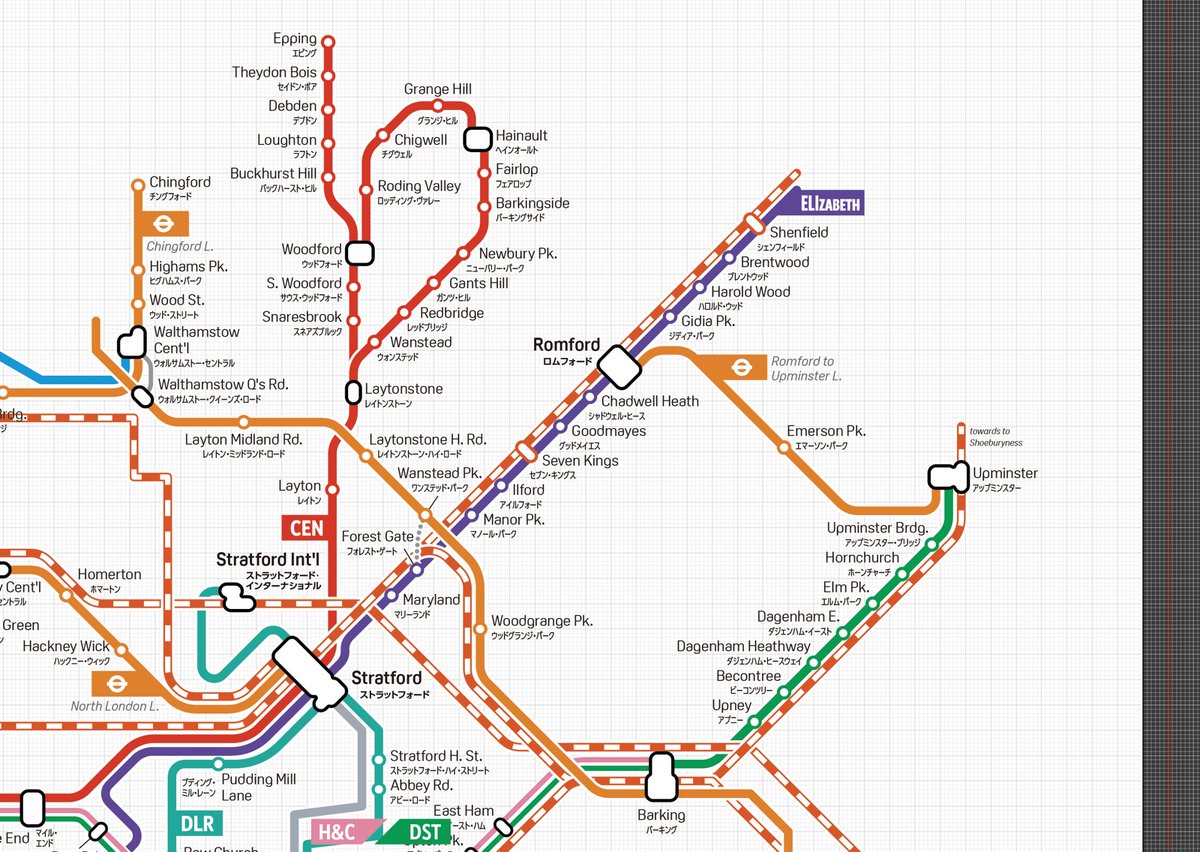 HimawariDsgnLab's tweet photo. ロンドン近郊の路線図を制��中（16日目）
今日は少しだけ進めました。Central L. (赤)・District L. (緑)・Elizabeth L. (紫)が北・東側の終点まで到達しました。
I make the London urban railmap (Day 16)
#ヨンナナ路線図 #路線図 #ロンドン #railmap #routemap #London #underground https://t.co/m3b21tQdgk