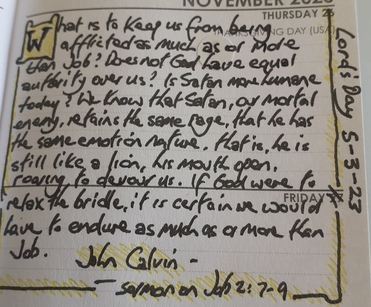 weecalvin1509's tweet photo. Today's #thoughtsbook entry from John Calvin's sermon on Job 2:7-9. The only thing that stops Satan from ripping into you as a roaring lion would its helpless prey, is the sovereign bridle of God. #Calvinism #BasicTheism #oldpaths https://t.co/TY7pUExKPC