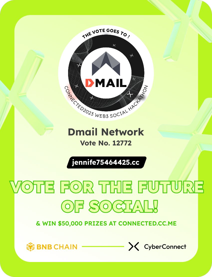 Jennife75464425's tweet photo. Just voted for my favorite project Dmail Network in #Connected2023, a Web3 Social hackathon by @CyberConnectHQ the social graph protocol &amp; @BNBCHAIN
Joinin $50,000-$100,000 prizes!
https://t.co/hQAeRNjHaJ
sig:OVFTpm 
  https://t.co/9o5Mjxueog https://t.co/DS1blNBG8S