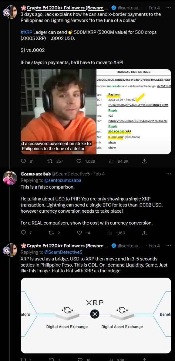 ScamDetective5's tweet photo. Even when she was presented with evidence of her misinformation in her "comparisons"  (including by a Ripple Engineer!!) she did not post any corrections or take down the misinformation tweets. 

Be careful listening to influencers and always Do Your Own Research! 

Be safe.

2/2 https://t.co/f44okPHgaS