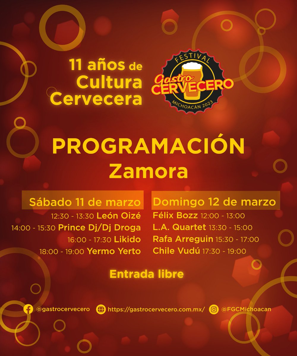 FGCMichoacan's tweet photo. #alineaciónmusical para el #FGCMichoacán 2023 en #Zamora Este 11 y 12 de marzo en el Terreno de la Media Luna (Prol. Av. 5 de Mayo esquina con Av. Ferrocarril Oriente) a partir de las 11:00 hrs #gastronomia #cervezaartesanal #productoslocales #MúsicaEnVivo #ludoteca #EntradaLibre https://t.co/m9hxtdlcPJ