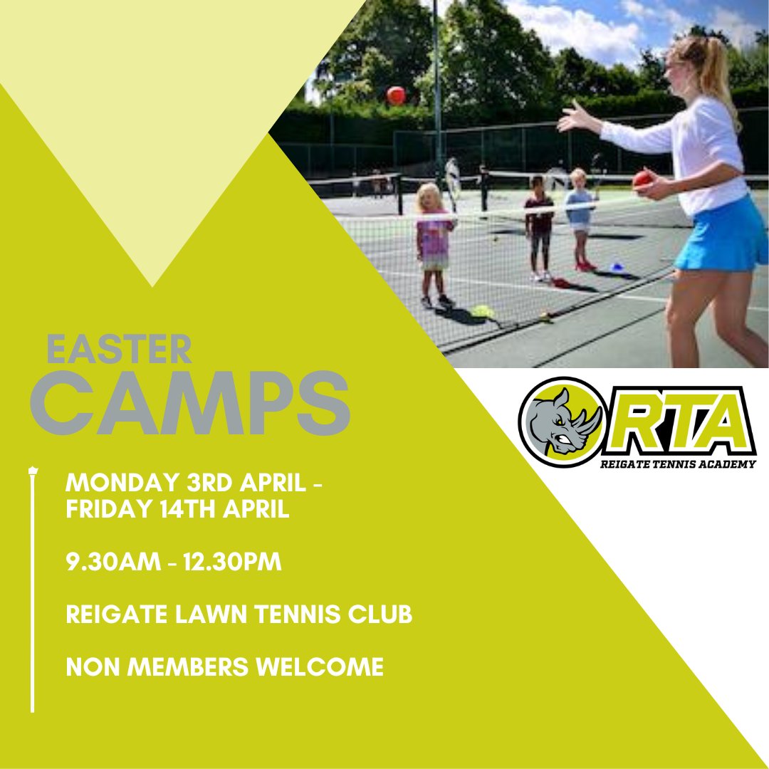 ReigateLTC's tweet image. Join our coaching team for some Easter fun and games! 🎾

3rd - 7th April
10th - 14th April

Suitable for 5-14 year olds.  Non members welcome.

Flexible booking options by the week or choose which days suit you best.  

Full details on our website.