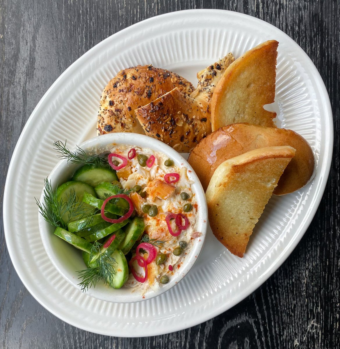 #BRUNCH SPECIAL (starts at 10am): Smoked Trout Dip:
- Toasted bagel 
- Capers
- Persian cucumbers
- Pickled shallot
- Dill