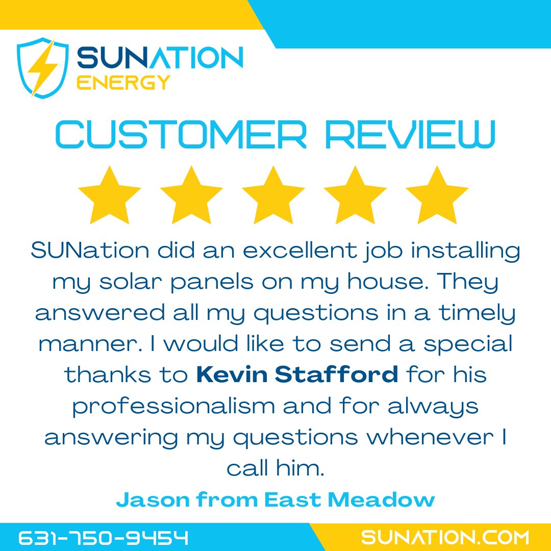 SUNation_Energy's tweet photo. Thank you, Jason, for the 5-Star Google Review! We're so happy to hear about your excellent experience with Kevin and our team. We're happy to answer any of your questions and are here to help.

Welcome to the SUNation Family!

#CustomerSatisfaction #SolarReview https://t.co/AiQ3mUEQxS