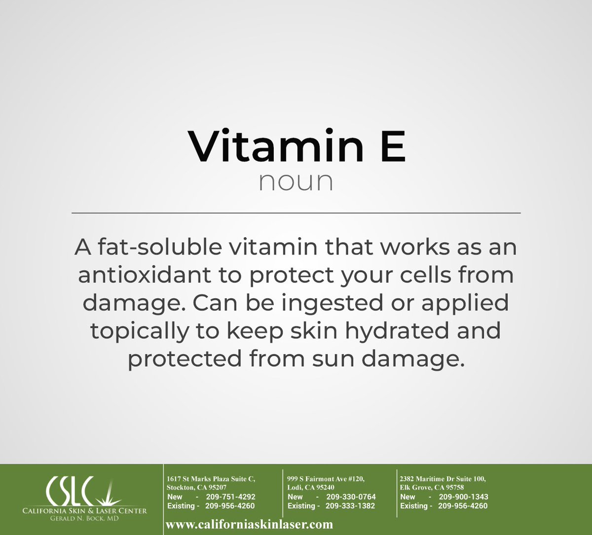 DrGeraldBock's tweet photo. Did you know that Vitamin E can help to keep your skin healthy? Vitamin E can be applied directly to skin, combined with moisturizer, or eaten in nuts, spinach, broccoli, mango and more. #VitaminE #lodi #CA #californiaskinlaser #elkgrove https://t.co/kKTGA5VzcR