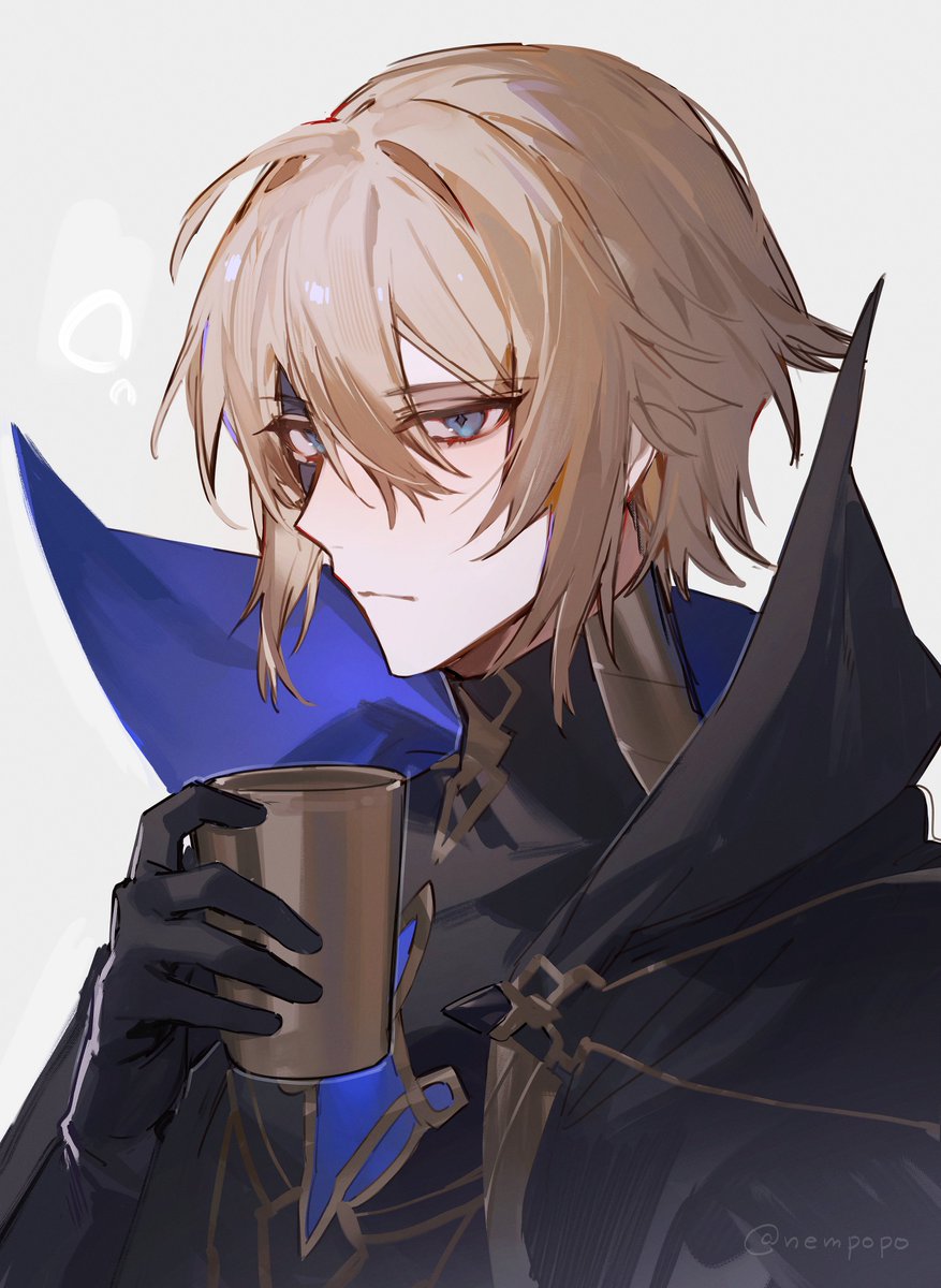 1boy male focus cup solo gloves blue eyes holding  illustration images