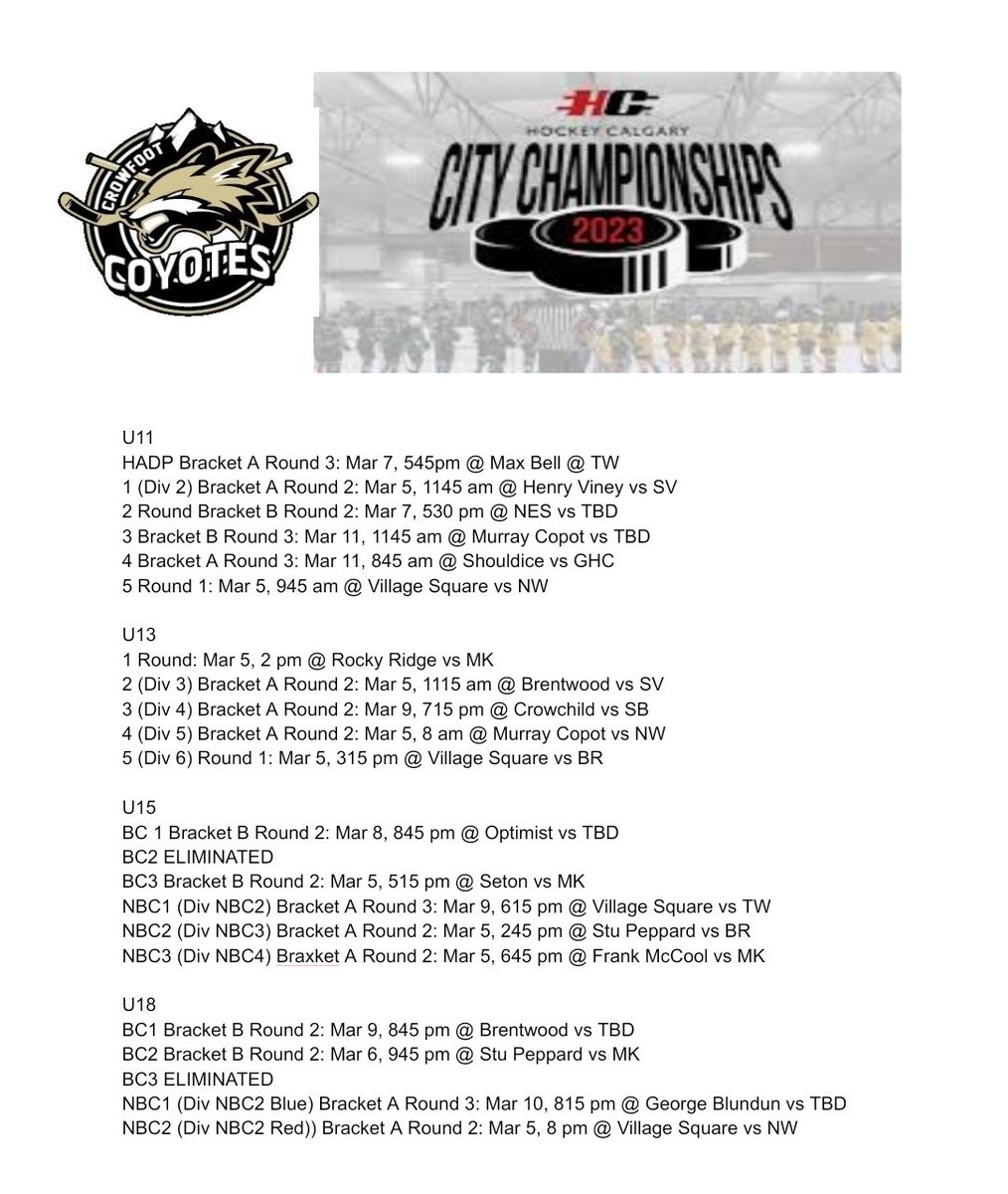 GOOD LUCK TO ALL OUR TEAMS! Go cheer them on! <a href="/hockeycalgary/">Hockey Calgary</a>
#GoCoyotesGo
#Crowfoothockey 
#CityChampionships 
#yychockey
#2023Cities
#2023CityChampionship
