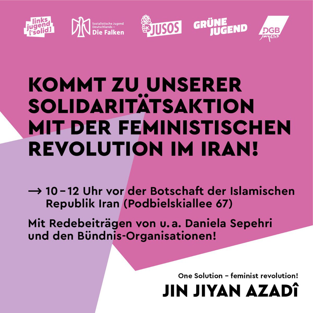 <a href="/GhazalehNassibi/">Ghazaleh Nassibi</a> Demo der <a href="/jusos/">Jusos in der SPD</a> , <a href="/lijusolid/">linksjugend ['solid]</a> , <a href="/gruene_jugend/">GRÜNE JUGEND</a> , <a href="/WirFalken/">Sozialistische Jugend Deutschlands - Die Falken</a> und <a href="/DGBJugend/">DGB Jugend</a> vor der "Botschaft".