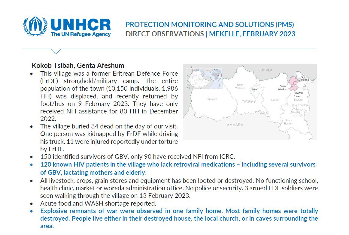 DrTedros's tweet photo. .@Refugees’ UNHCR report shows that cruel suffering in #Tigray region, #Ethiopia, continues. 

Killing by Eritrean forces must stop. Civilians urgently need peace as a prerequisite to rebuild their lives and livelihoods. @UNHCREthiopia @UN @UN_News_Centre https://t.co/0z5sh4FbVT https://t.co/4c79g4fVZ1