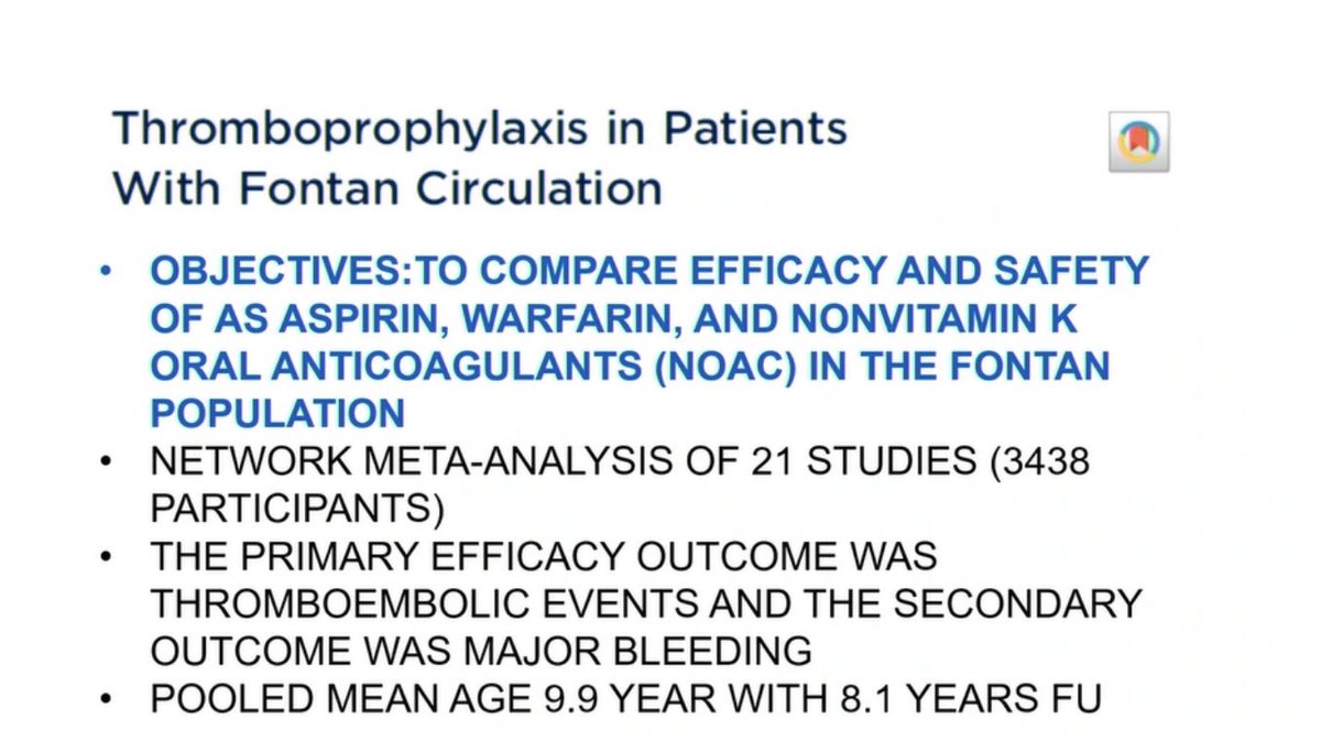 The next study was a <a href="/JACCJournals/">JACC Journals</a> paper on thromboprophylaxis in Fontan looking at safety and efficacy of aspirin, VKA and DOAC using network meta-analysis. doi.org/10.1016/j.jacc…