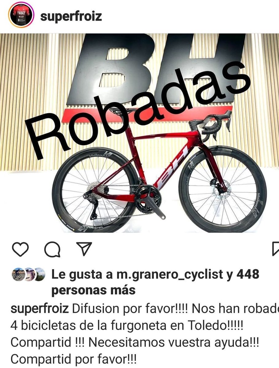 El <a href="/GFroiz/">G.D. Súper Froiz</a> de <a href="/AleGomizPerez/">Gómiz.</a> ha denunciado el robo de cuatro bicicletas del furgón mientras disputaba la carrera de Toledo. Se encontraba frente a la recepción del hotel donde se hospedaban en Ocaña. Son cuatro BH aerolight rojas que llevan bielas rotor.