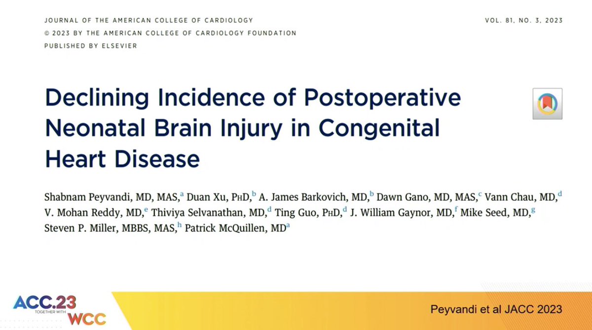 Next, a paper by <a href="/ShabPeyvandi/">Shab Peyvandi</a> et al in <a href="/JACCJournals/">JACC Journals</a> on declining incidence of postoperative neonatal brain injury in #CHD. doi.org/10.1016/j.jacc…