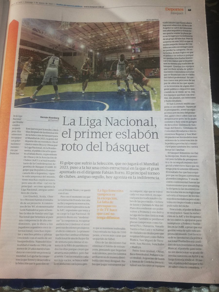 Cherno07's tweet image. Bueno, va mi primera nota en papel dedicada a Borro y a los que están destruyendo nuestro hermoso basquet nacional. Gracias @tiempoarg por permitirme escribir y en especial a @Andres_Burgo @amigofede y @mcmardons por la confianza y el acompañamiento