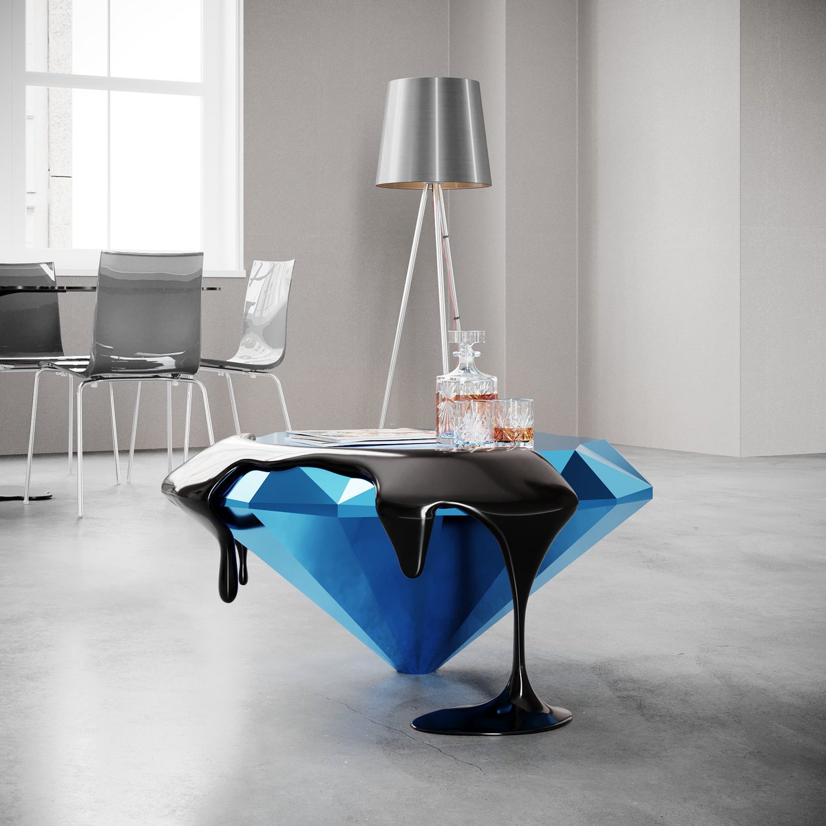 SIERRA Diamond coffee table in the exclusive molten metal edition with body in blue chrome and drop in black glossy.. handmade in Italy masterpiece. #mavimatt