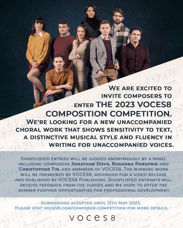 VOCES8's tweet photo. NEW COMPOSITION COMPETITION! 📣
More details: https://t.co/xCc3rgiAGX
#composers #composercompetition #compositioncompetition #voces8 #choral #vocalensemble https://t.co/m4341ywOa3