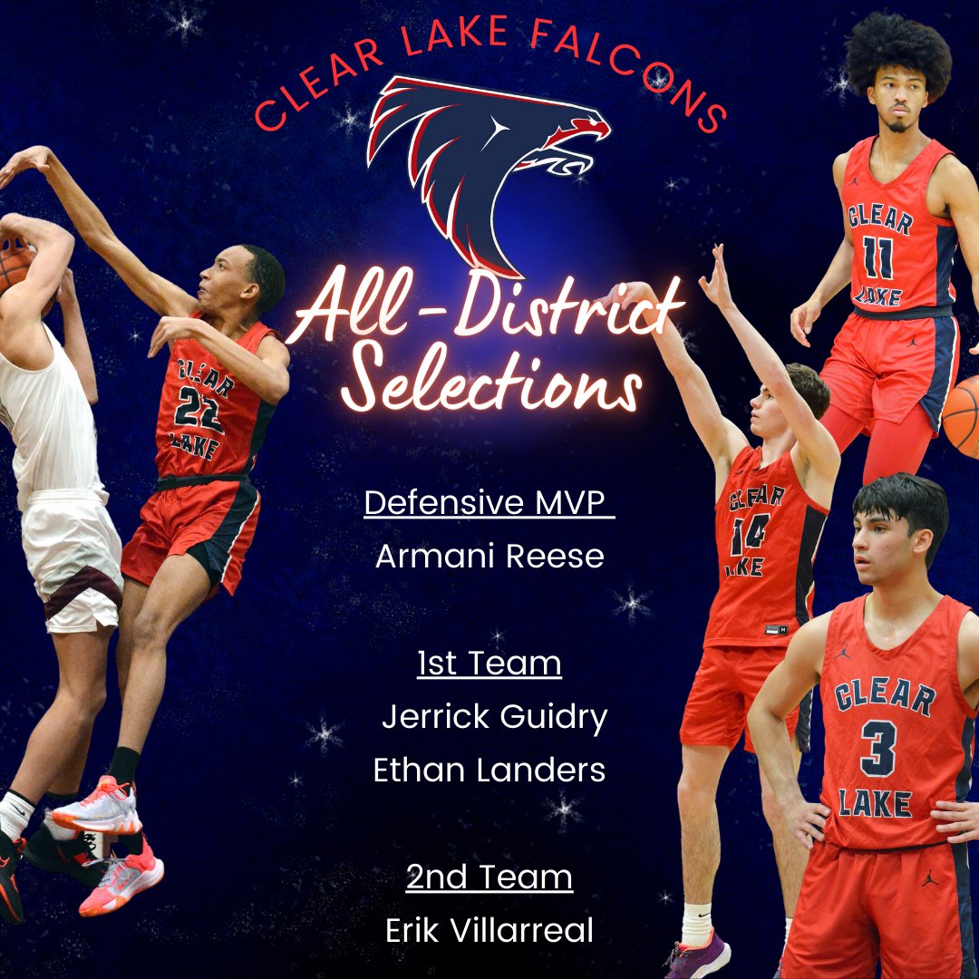 Clear Lake High School Boys Basketball (Houston) (@clfbbbc) on Twitter photo Proud of our guys!
6A Region III District 24
Defensive MVP - Armani Reese (<a href="/ArmaniReese1/">Armani Reese</a>)
1st Team - Jerrick Guidry (<a href="/Jerrick_Guidry/">Jerrick</a>)
1st Team - Ethan Landers (<a href="/EthanLand114/">Ethan</a>)
2nd Team - Erik Villarreal (<a href="/ErikVillarreal_/">Erik Villarreal</a>)
#WinGames Proud of our guys!
6A Region III District 24
Defensive MVP - Armani Reese (<a href="/ArmaniReese1/">Armani Reese</a>)
1st Team - Jerrick Guidry (<a href="/Jerrick_Guidry/">Jerrick</a>)
1st Team - Ethan Landers (<a href="/EthanLand114/">Ethan</a>)
2nd Team - Erik Villarreal (<a href="/ErikVillarreal_/">Erik Villarreal</a>)
#WinGames