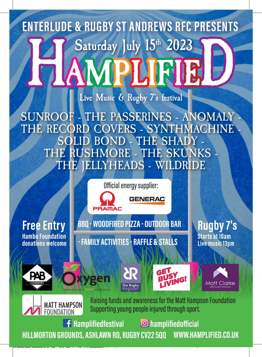 HAMPLIFIED FESTIVAL 2023
15TH JULY - <a href="/StAndrewsRFC/">Rugby St Andrews RFC</a> RUGBY- 11 Local bands, Rugby teams, stall holders &amp; bbq abd it's free. We are raising funds for <a href="/Hambofoundation/">Matt Hampson</a>
So walk up &amp; pitch up grab your drinks from the bar and chuck some cash in the buckets for #hambo see you there!