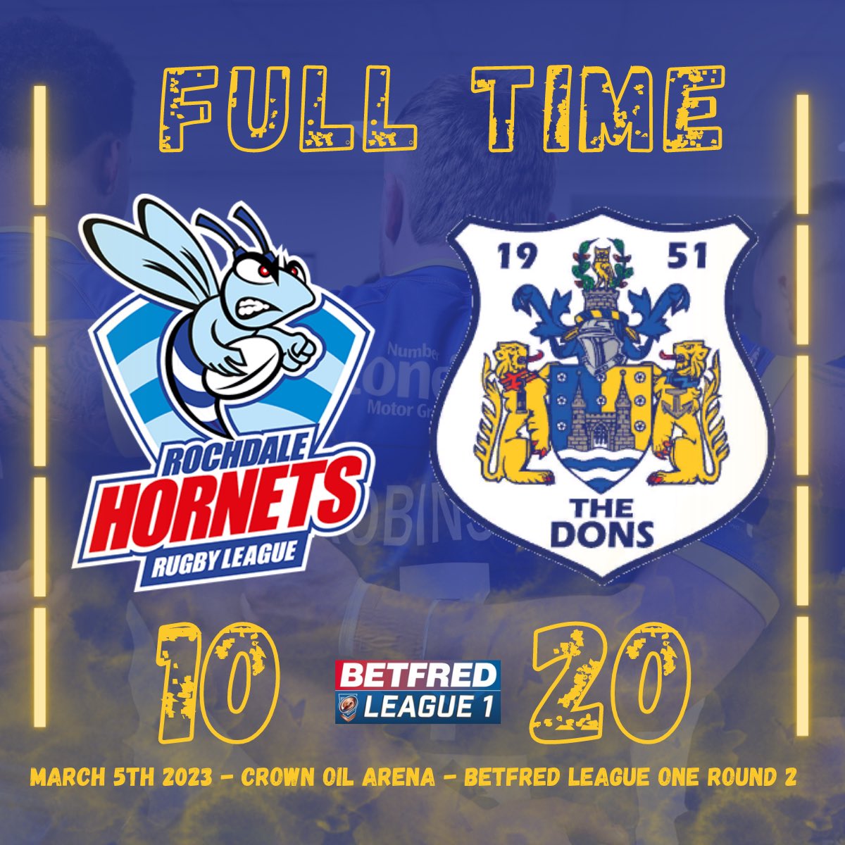 Doncaster_RLFC's tweet photo. ⭐️ OH WHEN THE DONS! GO MARCHING IN! 

A win on the road and two from two for the Dons as we pick up the two points against Rochdale. 

Brilliant performance from the lads! #COYD 💙💛 https://t.co/wV8NwLIdr5