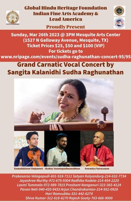 To BUY Tickets please click on this link:    nripage.com/events/sudha-r… Sudha Raghunathan Concert

Sent from: NRIPage (nripage.com/events)
