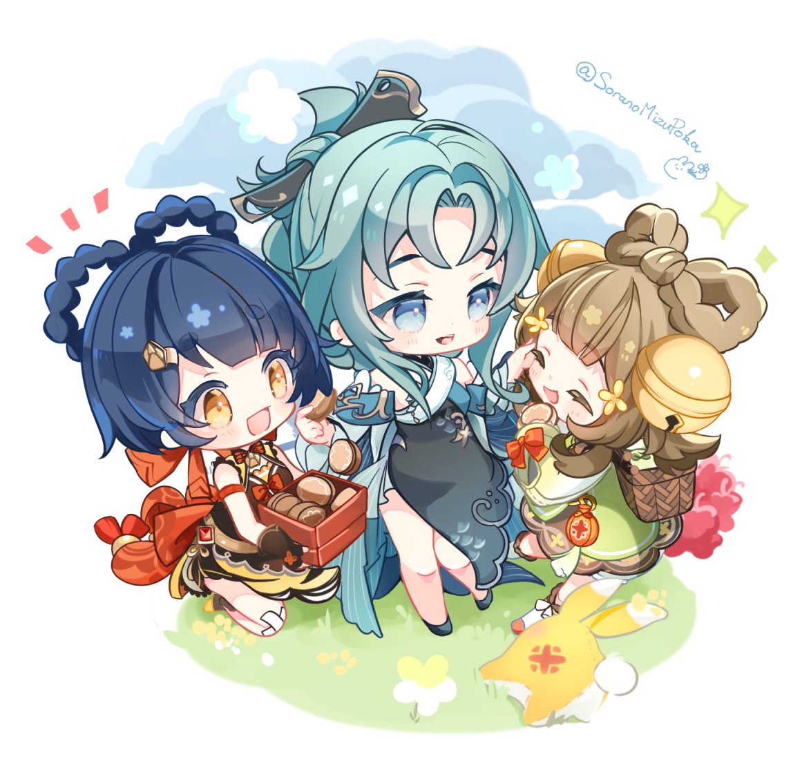 multiple girls chibi hair ornament blue hair bell chinese clothes blue eyes  illustration images