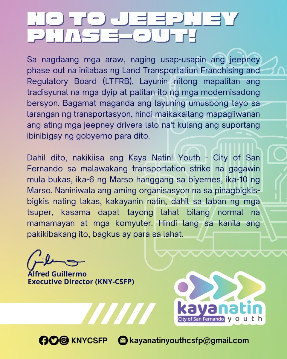 KNYCSFP's tweet photo. Opisyal na Pahayag ng Organisasyon
💜💙💚💛
#NoToJeepneyPhaseout https://t.co/JDjfo0AWad