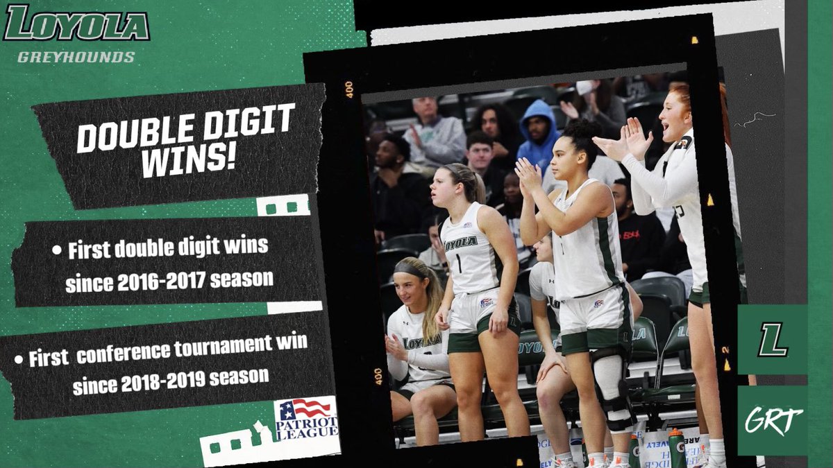 LoyolaWBB's tweet photo. Trending up! π For the first time since 2016-2017 the Greyhounds have tabbed double-digit wins. Yesterdayβs win against Lafayette was also the first tournament win since 2018-2019! #Built2Go X #GRT https://t.co/O9CidQgT0x