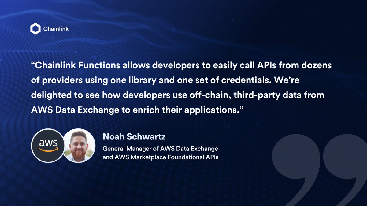 Off-chain data 🤝 on-chain applications. #Chainlink Functions gives #Web3  developers seamless access to the biggest service providers in the world  like @awscloud. Start building ➡️ https://t.co/0fOY5wvp7u
