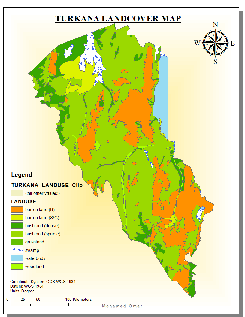 County land cover map #8,Turkana county is a county in the former Rift Valley Province of Kenya. It is Kenya's largest county by land area, and also its northwesternmost. It covers an area of 98,597.8 km2 and its elevation is 1,138 m. #gischat #landcover