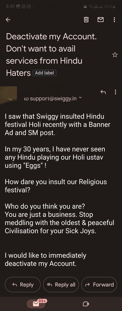 @RockySIays @Swiggy I sent a mail to support@swiggy.com To deactivate my Account as they just attacked our Holy Religious Festival and Hindu Religion. #Swiggy #boycottswiggy