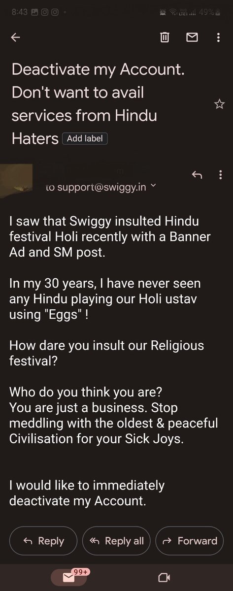 paramanand_3's tweet photo. @RockySIays @Swiggy I sent a mail to

support@swiggy.com

To deactivate my Account as they just attacked our Holy Religious Festival and Hindu Religion.

#Swiggy
#boycottswiggy https://t.co/XknSGXkqaO