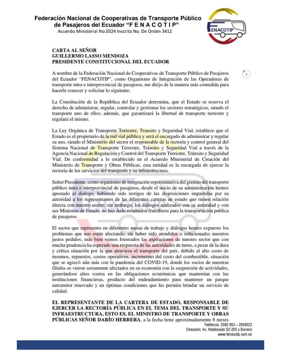 info_fenacotip's tweet photo. Carta al Sr. @LassoGuillermo Presidente Constitucional del Ecuador.
@MinGobiernoEc @ObrasPublicasEc @dariovherrera @LaPosta_Ecu @AsambleaEcuador https://t.co/XYFtaSrD57
