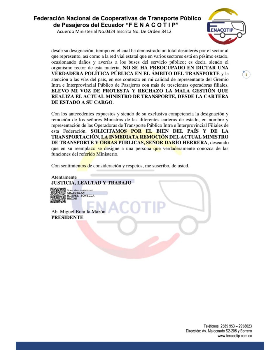 info_fenacotip's tweet photo. Carta al Sr. @LassoGuillermo Presidente Constitucional del Ecuador.
@MinGobiernoEc @ObrasPublicasEc @dariovherrera @LaPosta_Ecu @AsambleaEcuador https://t.co/XYFtaSrD57