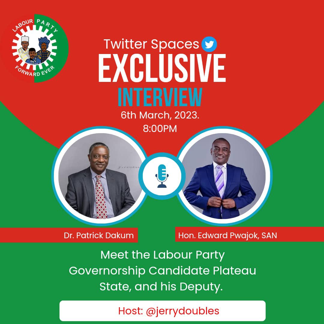 PatrickDakum's tweet photo. Please join my Deputy @Edward_Pwajok and I as we discuss our plans for Plateau state in an exclusive interview with @jerrydoubles on Twitter Spaces Tommorow, March 6th 2023 at 8pm. Looking forward to sharing our vision and most importantly listening to each and every one of you as we strive to build a better and greater Plateau