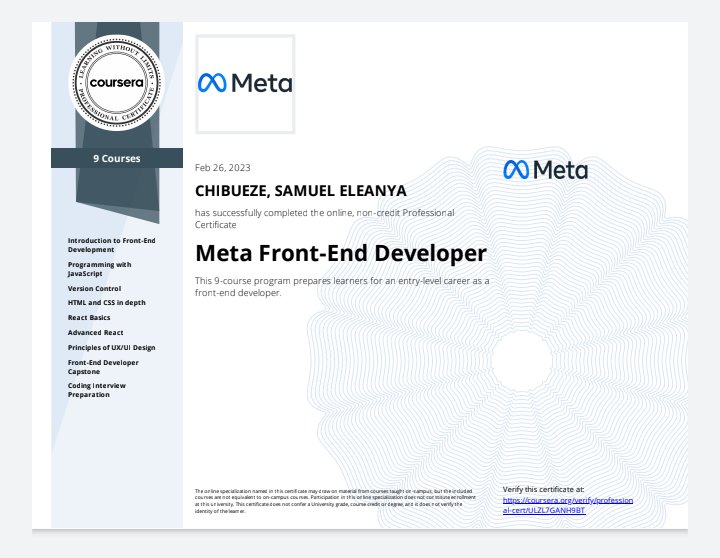 sechibueze's tweet photo. I'm happy to share that I have completed the Meta Frontend Developer Professional Certificate Course from Coursera. This is an exciting reskilling for me. 

As always, I'm excited to hear about your project so we can build the next big thing... https://t.co/jhDeng7cAW