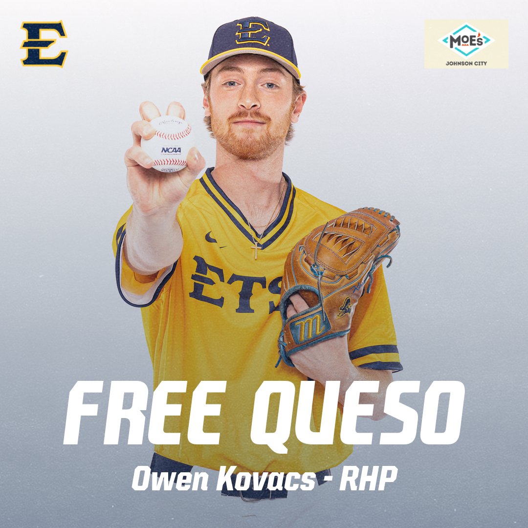 ETSU_Baseball's tweet photo. FREE QUESO!!!!!

Kovacs gets the team's 10th strikeout and the fans at today's game can take their ticket to Moe's in Johnson City to get free queso!

#BucsBaseball // #ETSUTough https://t.co/KJPMvxDqVP