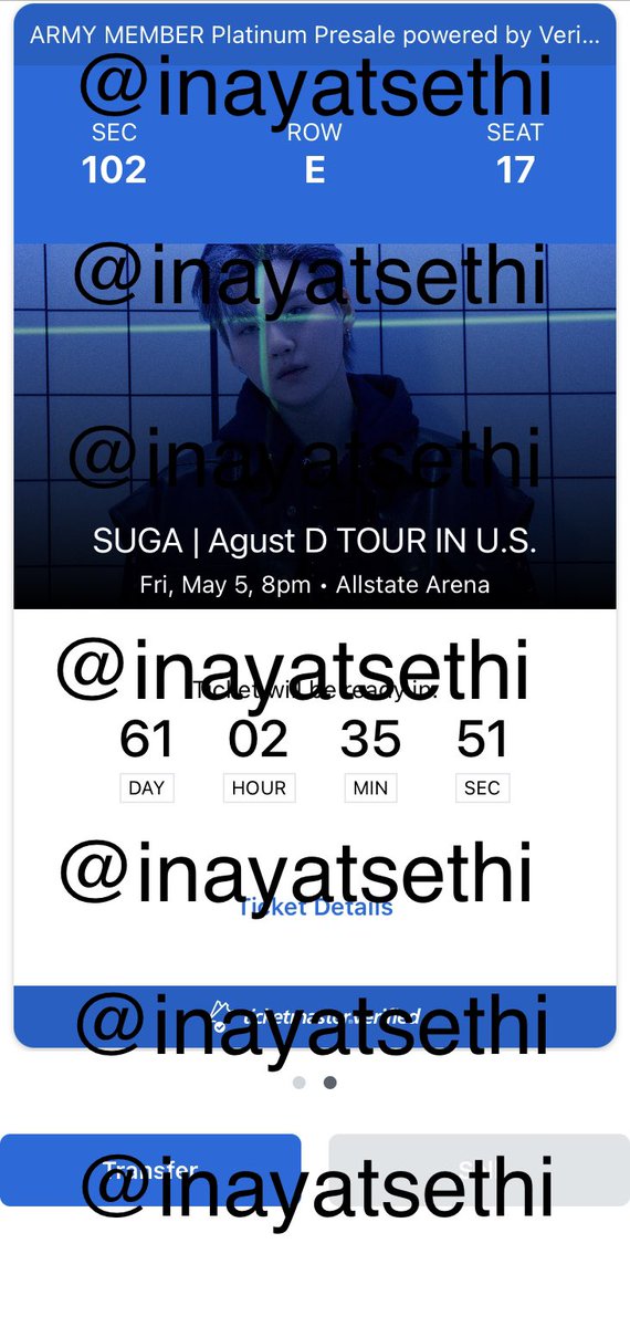InayatSethi's tweet photo. WTS One Extra Ticket to Suga concert for May 5, Rosemont Chicago. It’s in Sec 102 Row E. It’s dynamic pricing and will be selling it for the price I bought which is 1154 CAD (almost 890 USD) Dm if WTB. #SUGA_AgustD_TOUR #WTB #WTS 
Keywords: Rosemont Chicago 5/6 wts wtb https://t.co/I8YxWrwbda