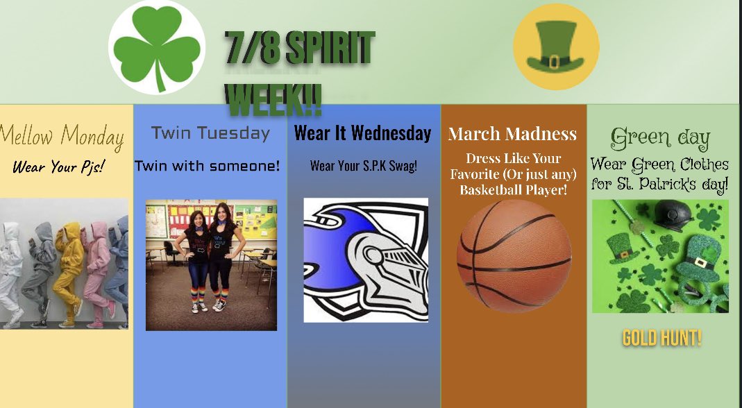 MrsScarfone's tweet photo. Grade 7/8s -don’t forget it’s spirit week! 

😴Mellow Monday- wear your PJ’s
👯‍♀️Tuesday- twin with someone 
🧢 Wear it Wednesday- wear your SPK swag
🏀March Madness Thursday- dress like a bball player 
☘️Green Friday- wear green or dress like a leprechaun 

@StPeterOCSB https://t.co/FRPXVfuasE