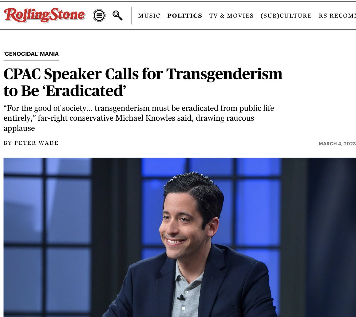 Hey @RollingStone why did you change your headline to fit fascists' preferred narrative? Michael is absolutely calling for trans people to be eradicated. Transgenderism, a word that fell out of favor decades ago, is synonymous with 'transgender people' even if he claims it's not.